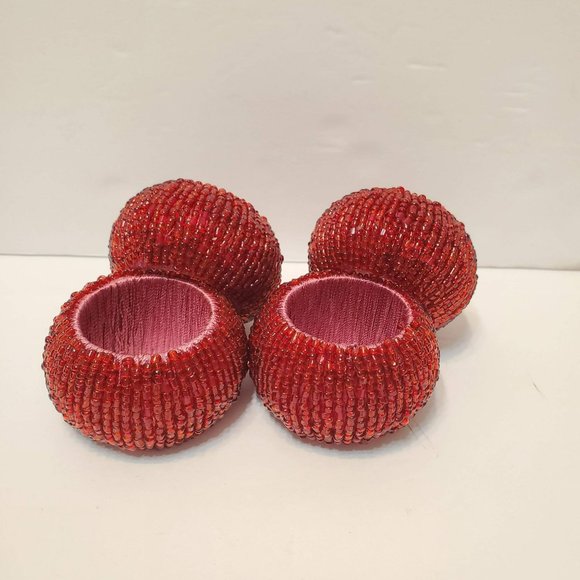 Red Beaded Napkin Rings, set of 4, Glass Beads with Pink Interior, EUC - Picture 1 of 6